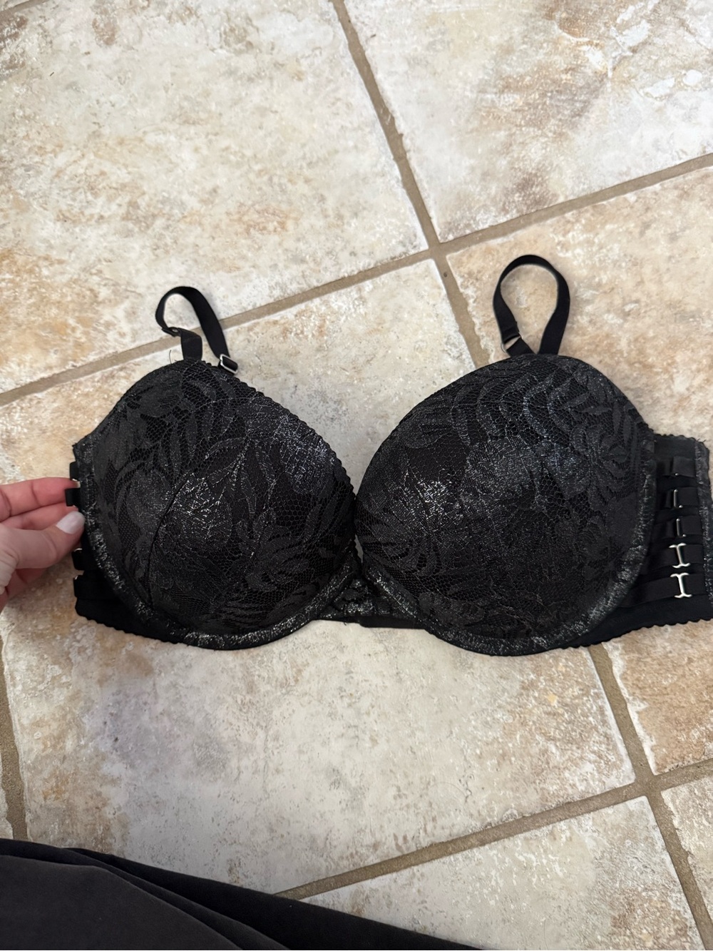 This is a Victoria's Secret Black Lace Shimmery Bombshell Push-Up Bra